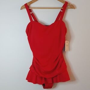 NWT Aquashape by Dolfin One Piece Bathing Suit with Skirt Attached Red S…